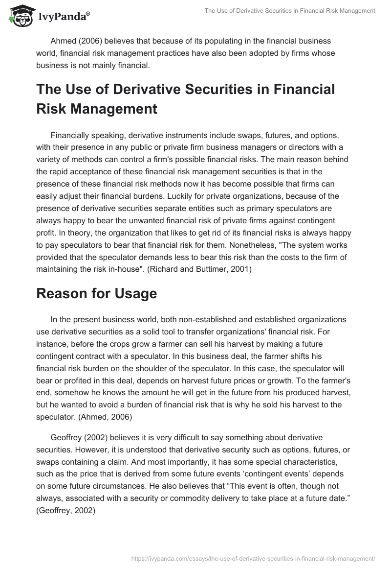 The Use of Derivative Securities in Financial Risk Management. Page 2