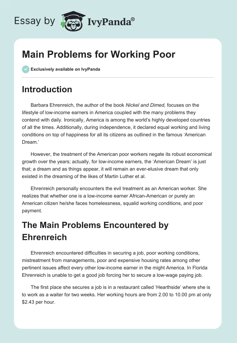 Main Problems for Working Poor. Page 1