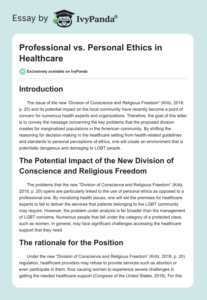Professional vs. Personal Ethics in Healthcare. Page 1