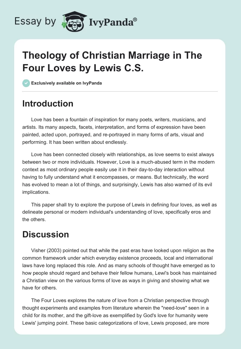 Theology of Christian Marriage in "The Four Loves" by Lewis C.S.. Page 1