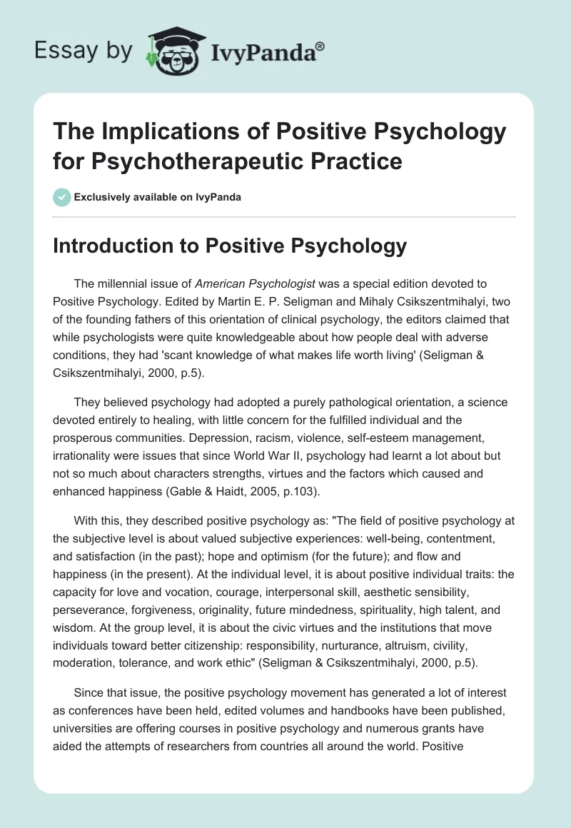 The Implications of Positive Psychology for Psychotherapeutic Practice. Page 1