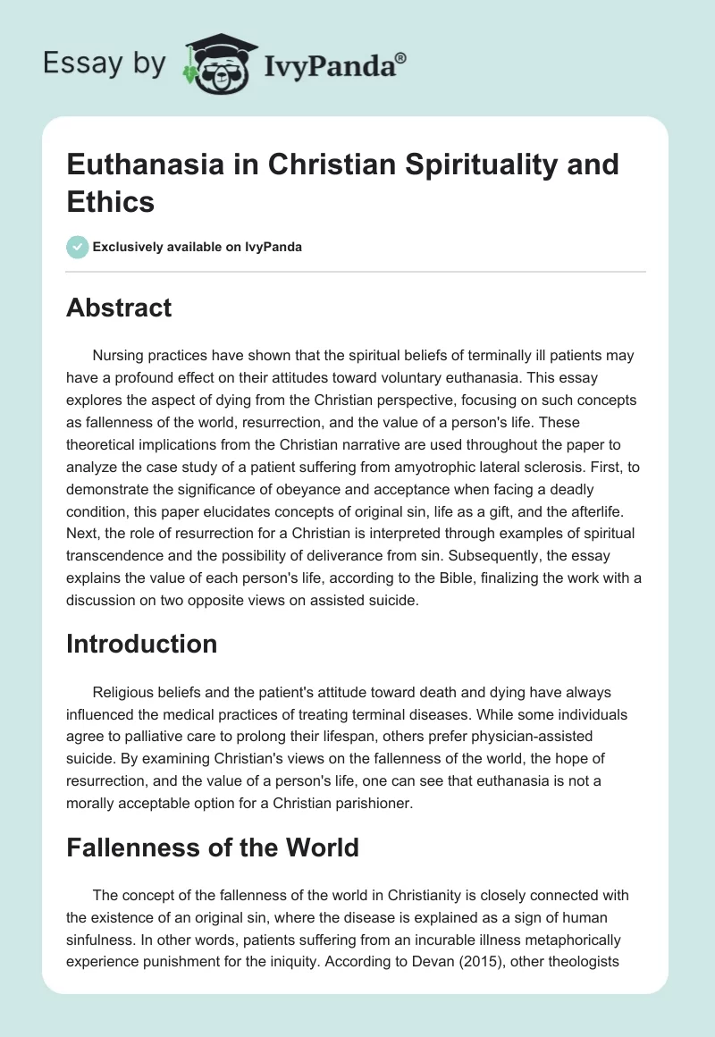 Euthanasia in Christian Spirituality and Ethics. Page 1