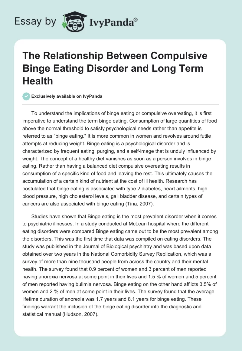 The Relationship Between Compulsive Binge Eating Disorder and Long Term Health. Page 1