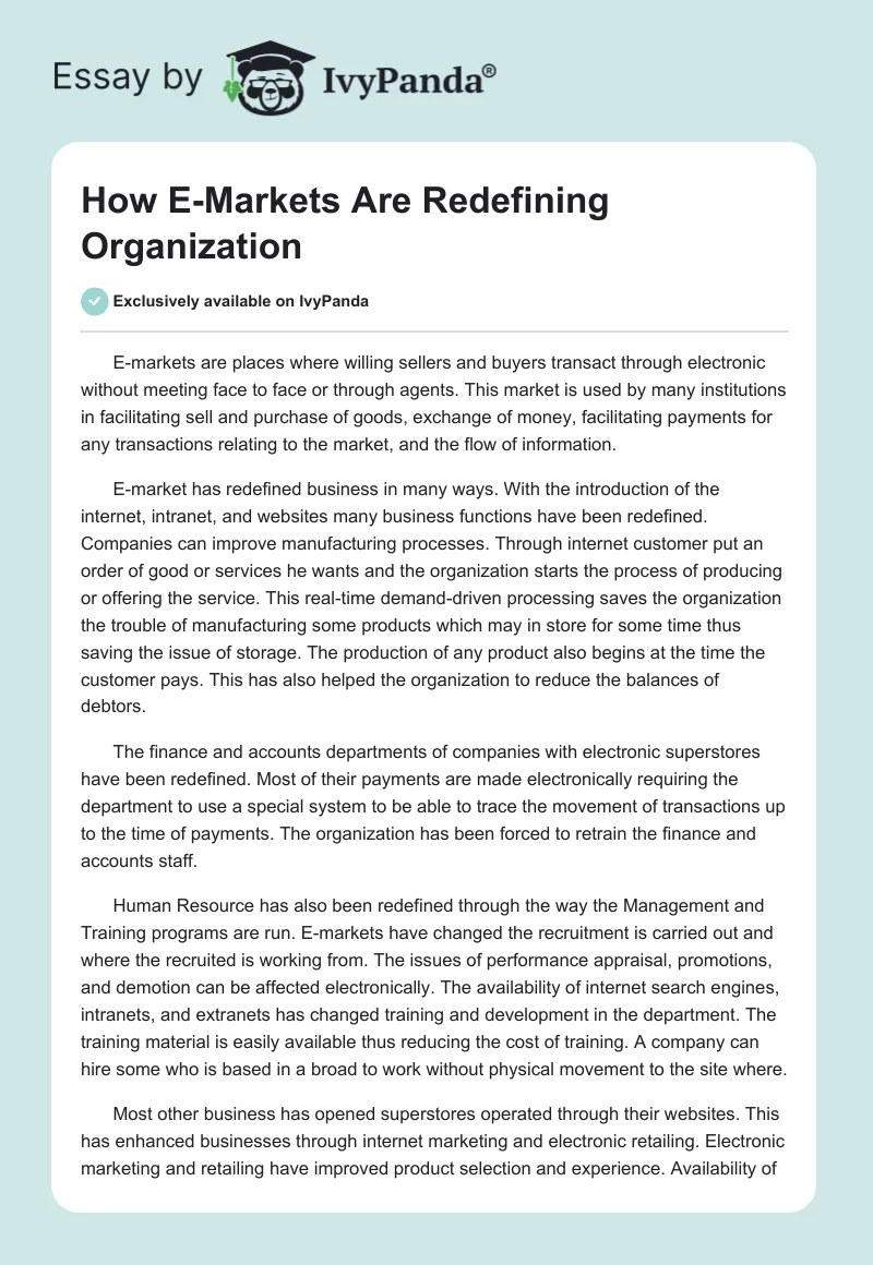 How E-Markets Are Redefining Organization. Page 1