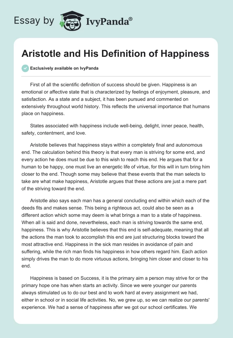 Aristotle and His Definition of Happiness. Page 1