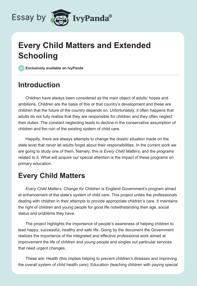 Every Child Matters and Extended Schooling. Page 1