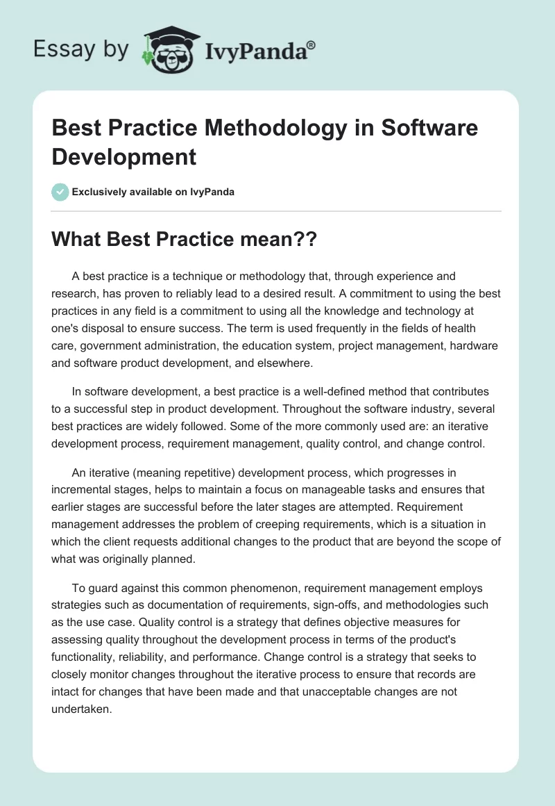 Best Practice Methodology in Software Development. Page 1