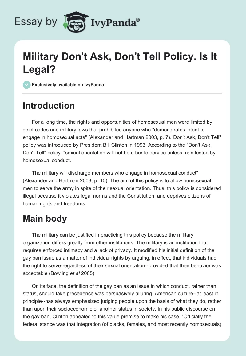 Military "Don't Ask, Don't Tell" Policy. Is It Legal?. Page 1