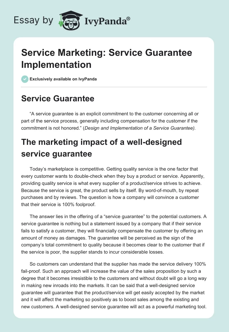 Service Marketing: Service Guarantee Implementation. Page 1