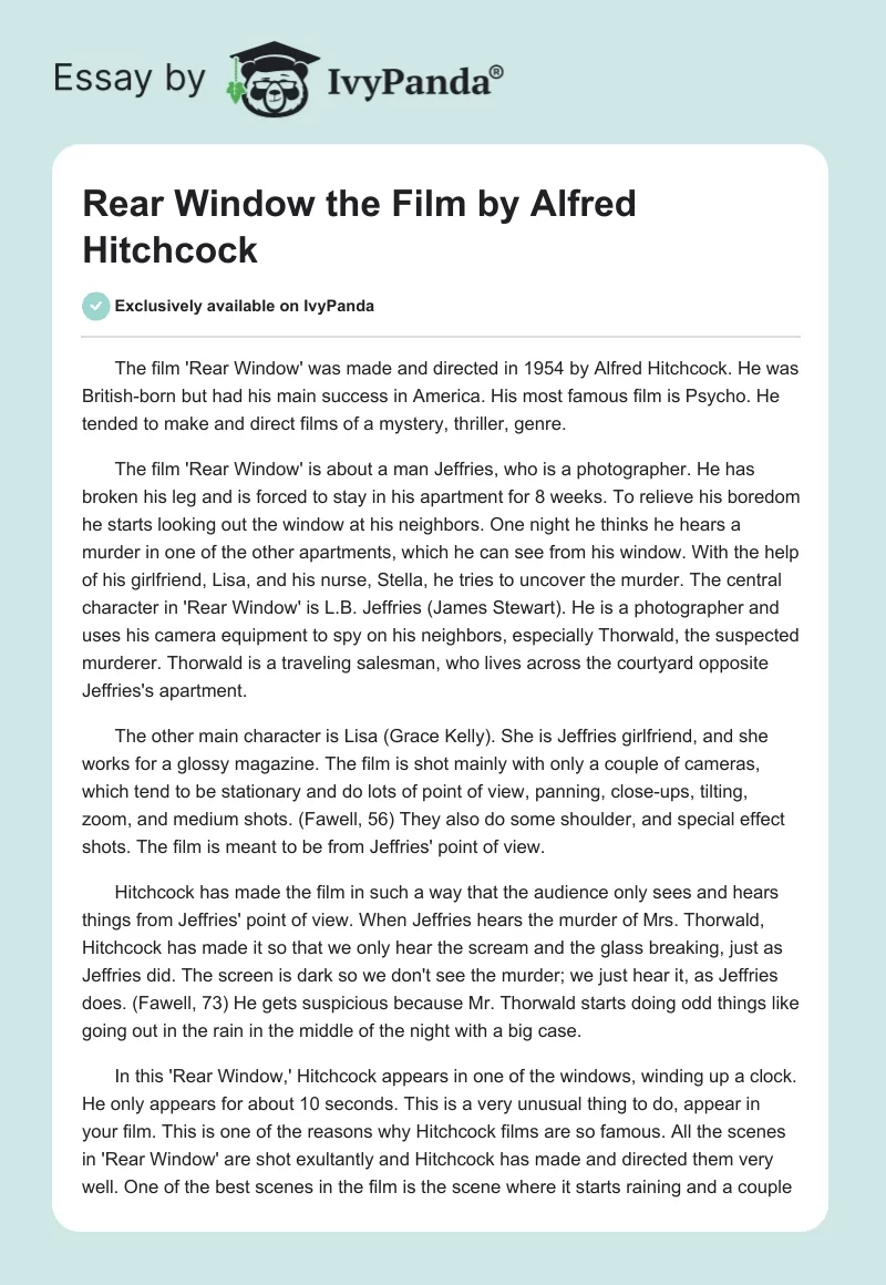 "Rear Window" the Film by Alfred Hitchcock. Page 1