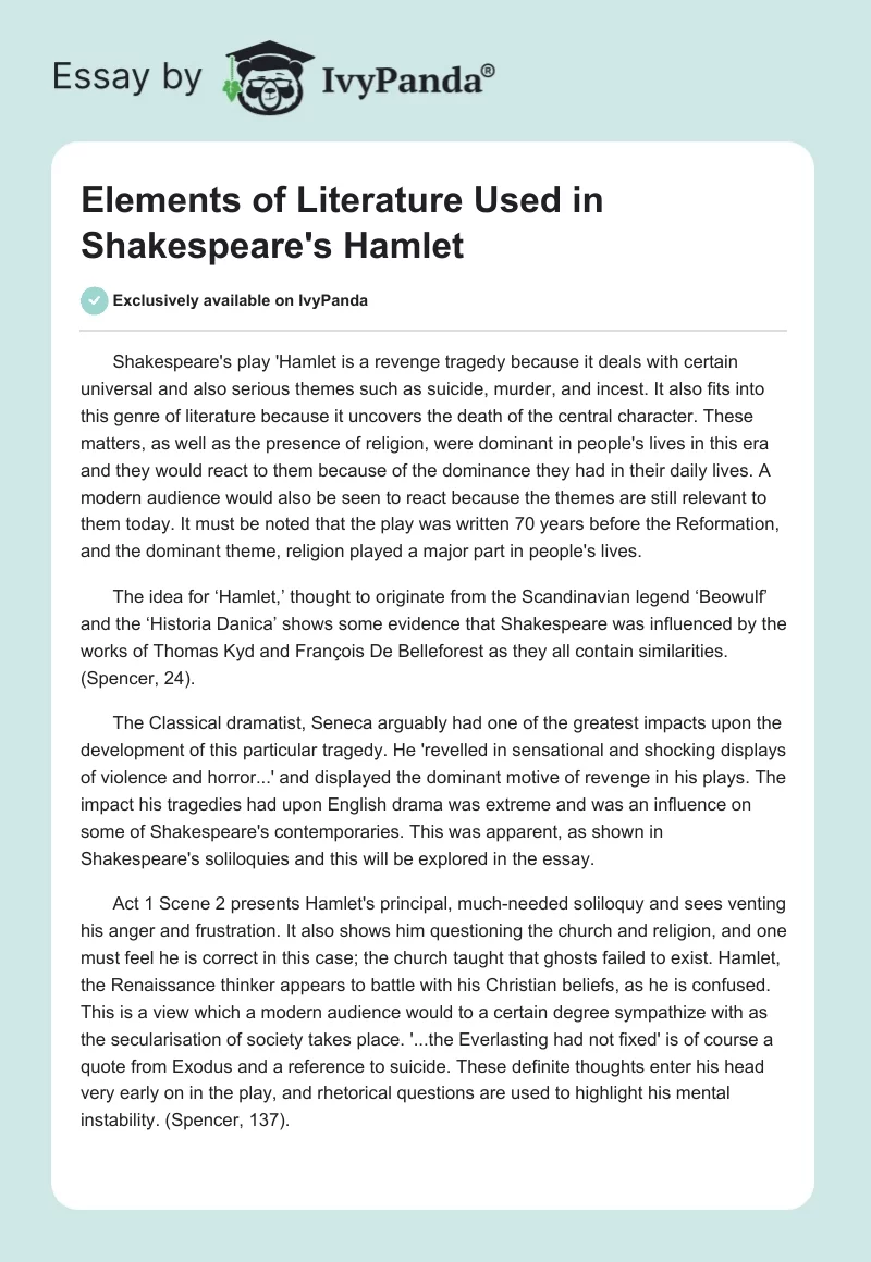 Elements of Literature Used in Shakespeare's "Hamlet". Page 1