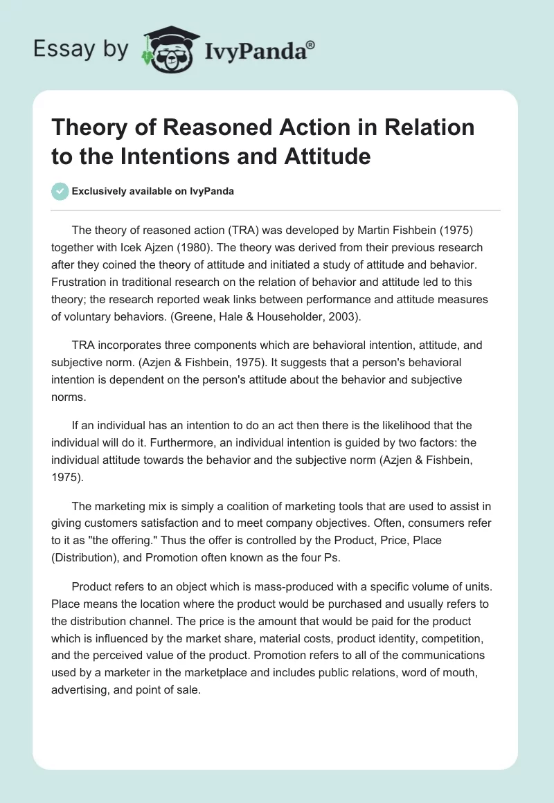 Theory of Reasoned Action in Relation to the Intentions and Attitude. Page 1