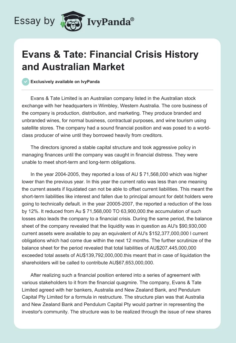 Evans & Tate: Financial Crisis History and Australian Market. Page 1