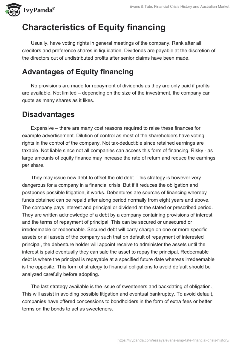 Evans & Tate: Financial Crisis History and Australian Market. Page 4