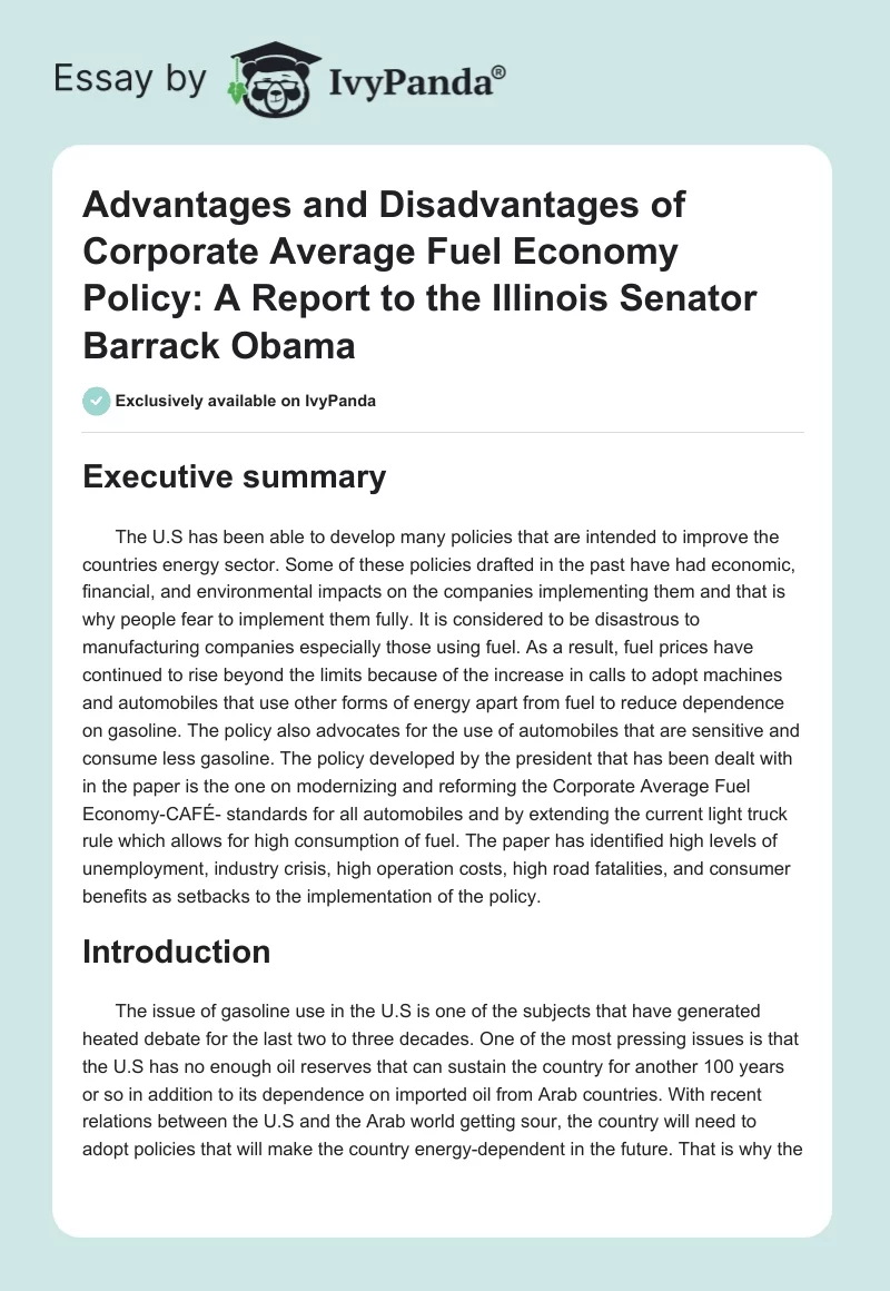 Advantages and Disadvantages of Corporate Average Fuel Economy Policy: A Report to the Illinois Senator Barrack Obama. Page 1