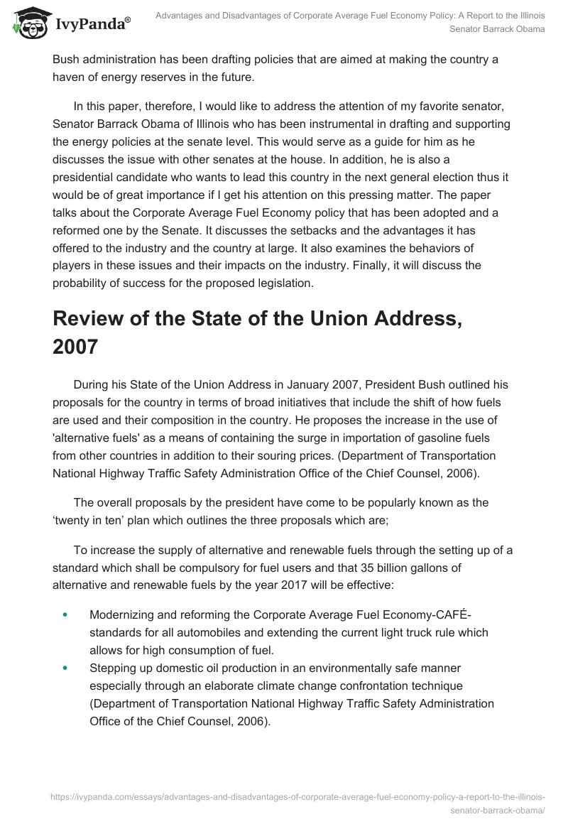 Advantages and Disadvantages of Corporate Average Fuel Economy Policy: A Report to the Illinois Senator Barrack Obama. Page 2
