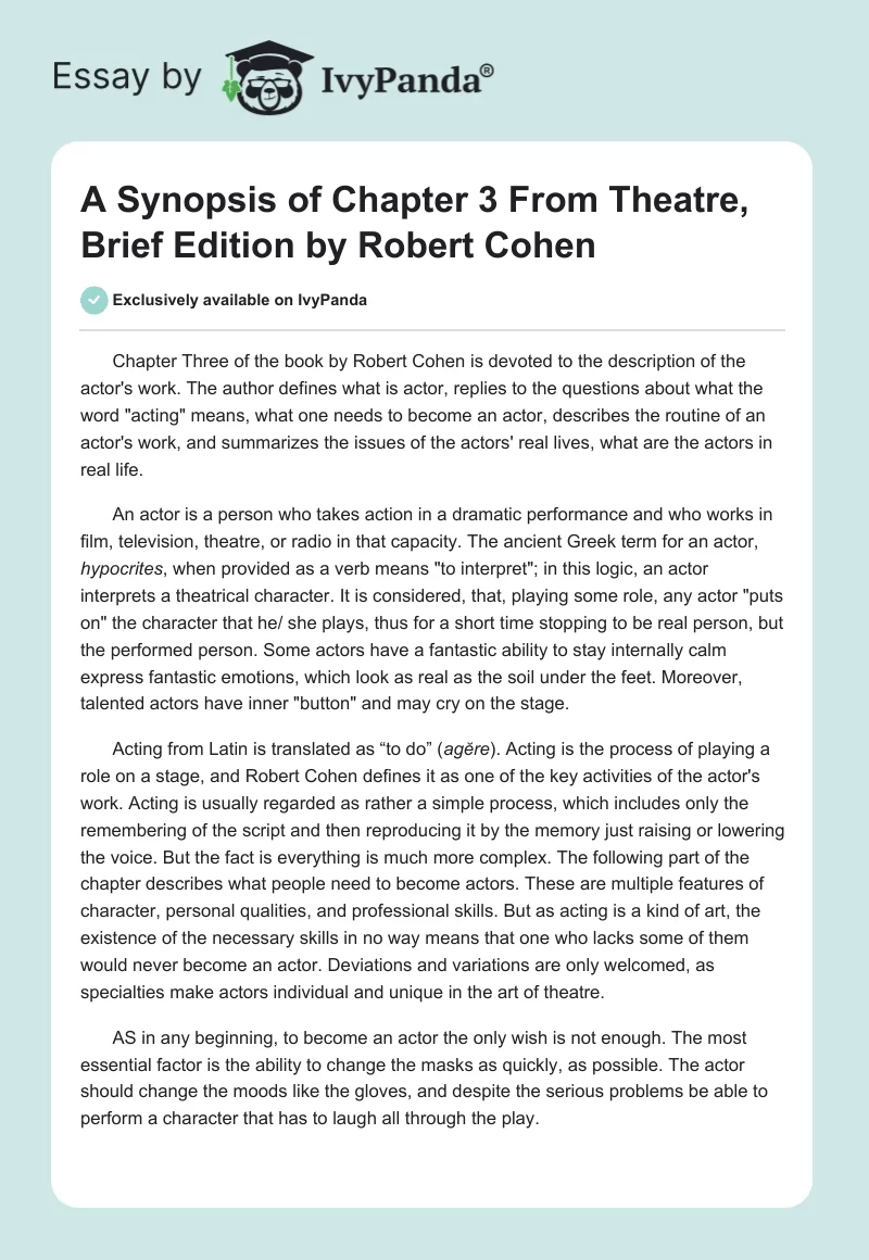 A Synopsis of Chapter 3 From "Theatre, Brief Edition" by Robert Cohen. Page 1