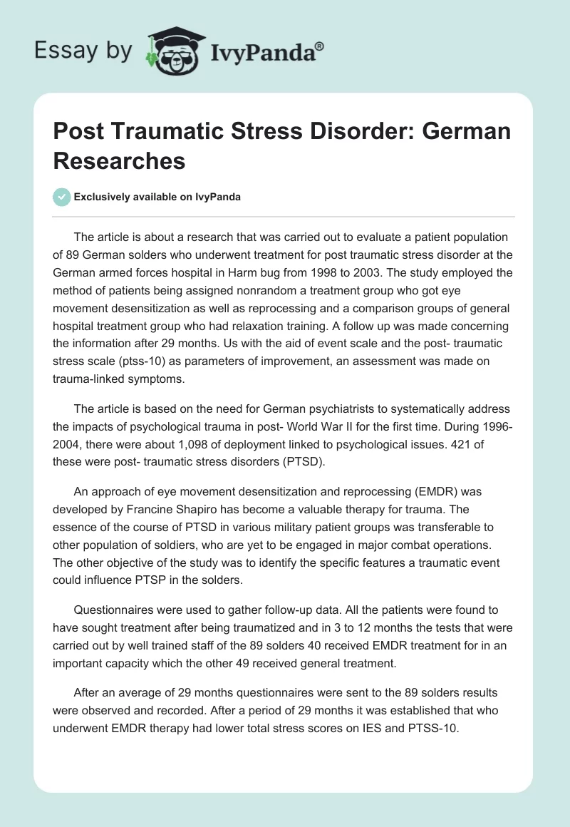 Post Traumatic Stress Disorder: German Researches. Page 1