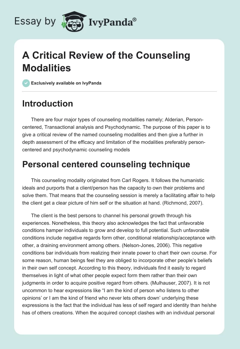 A Critical Review of the Counseling Modalities. Page 1