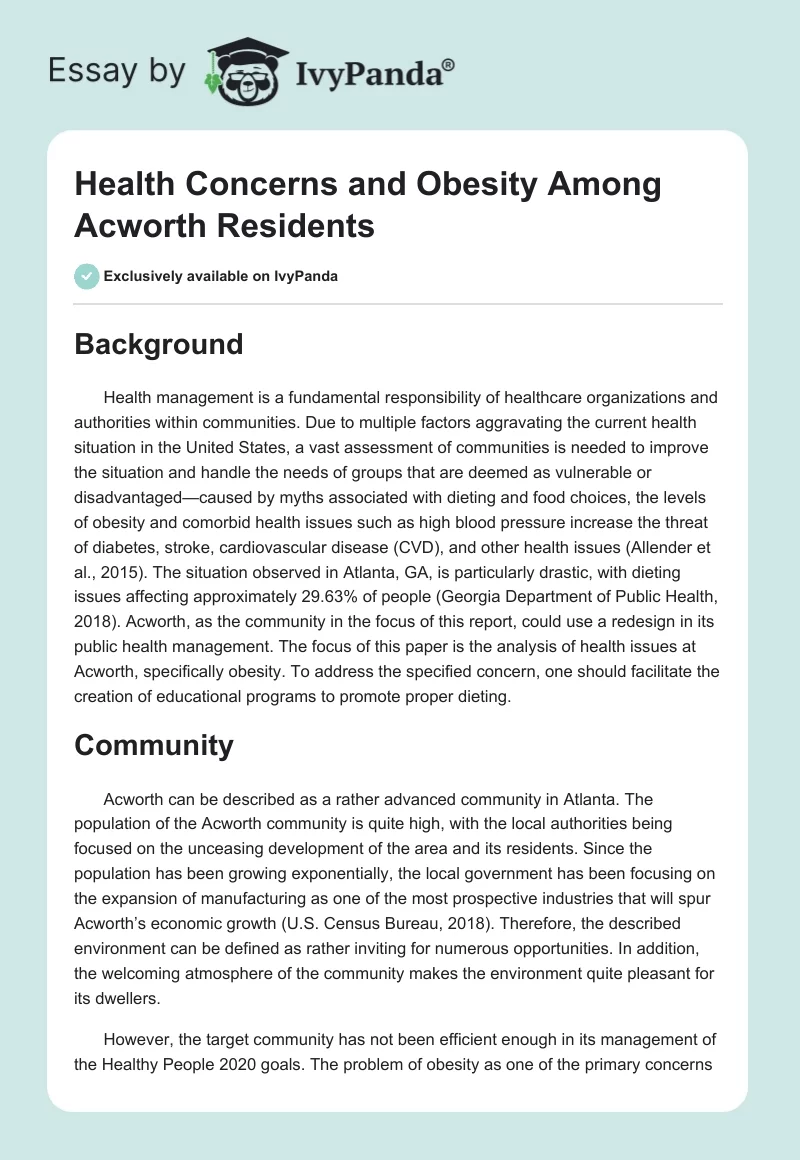 Health Concerns and Obesity Among Acworth Residents. Page 1