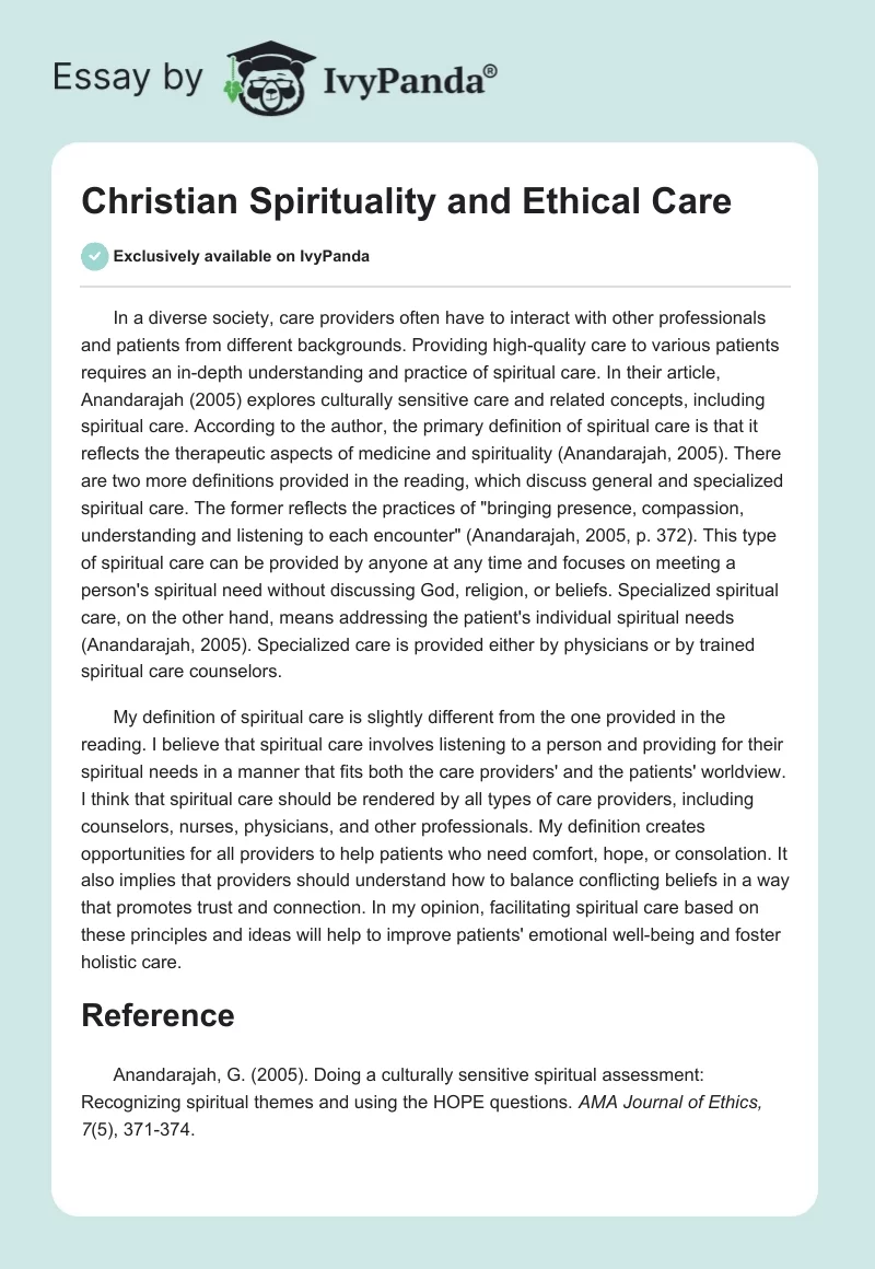 Christian Spirituality and Ethical Care. Page 1
