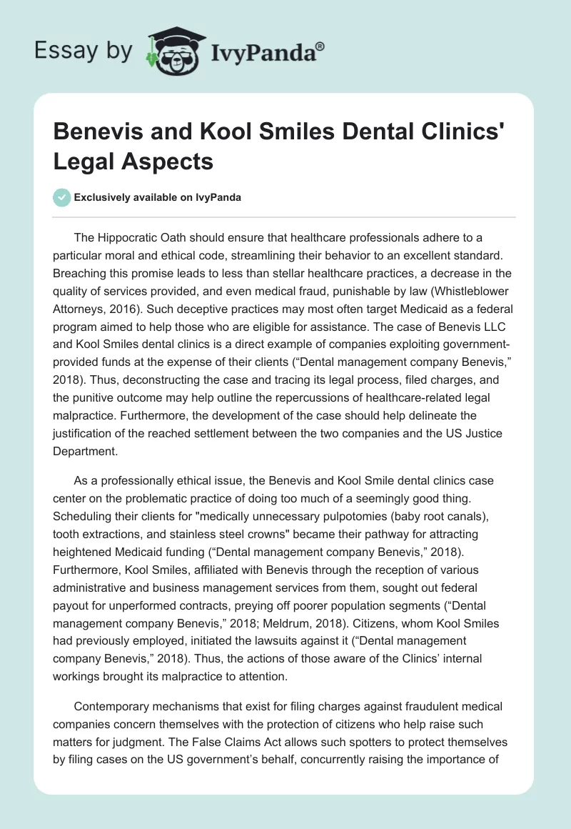 Benevis and Kool Smiles Dental Clinics' Legal Aspects. Page 1