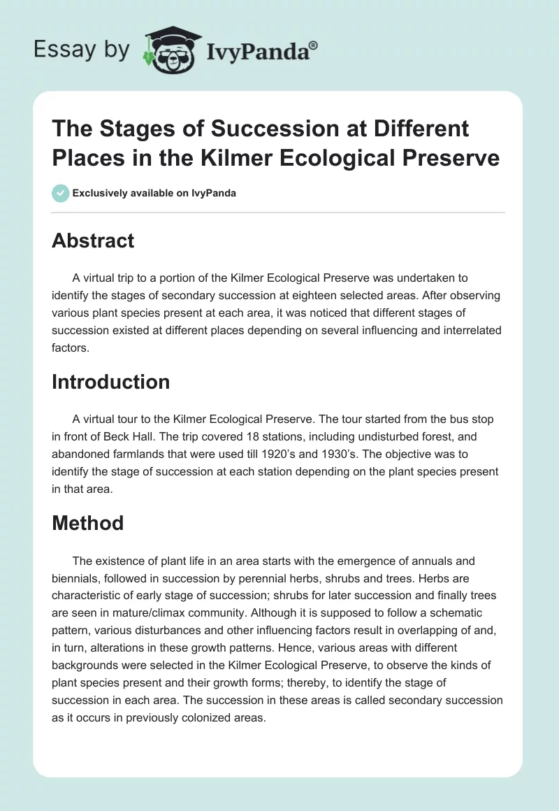 The Stages of Succession at Different Places in the Kilmer Ecological Preserve. Page 1
