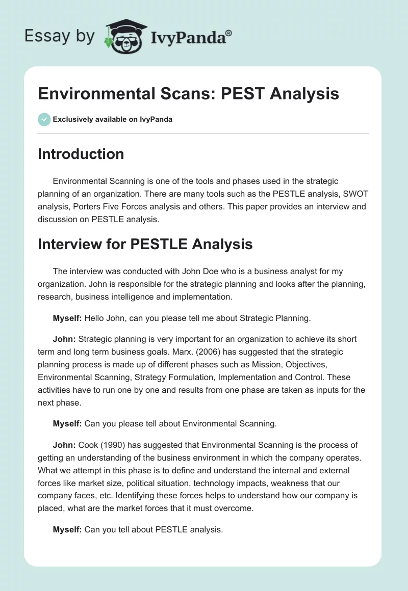 Environmental Scans: PEST Analysis. Page 1