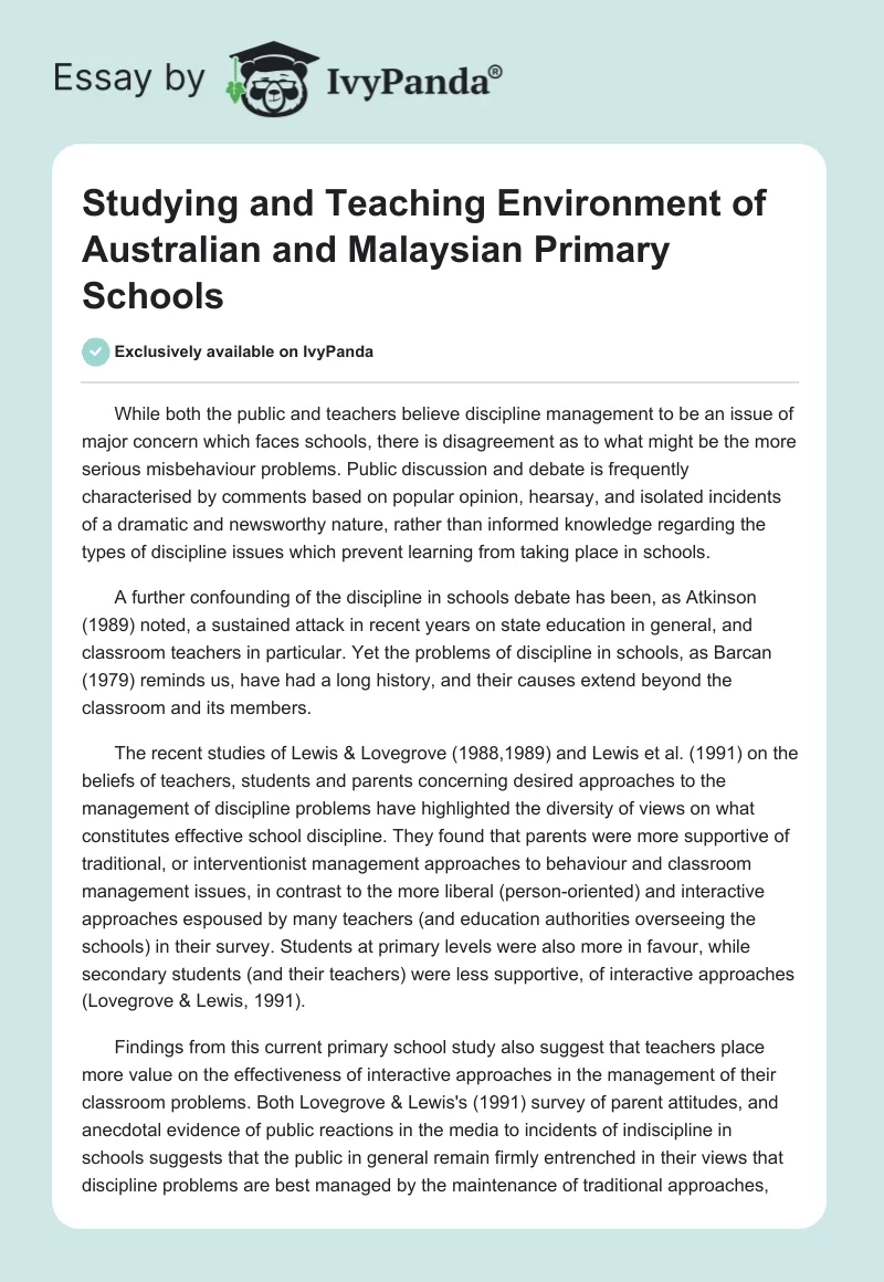 Studying and Teaching Environment of Australian and Malaysian Primary Schools. Page 1