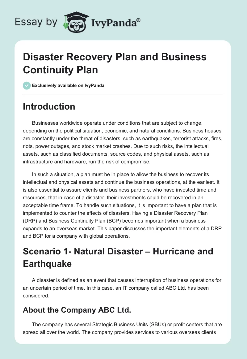 Disaster Recovery Plan and Business Continuity Plan. Page 1