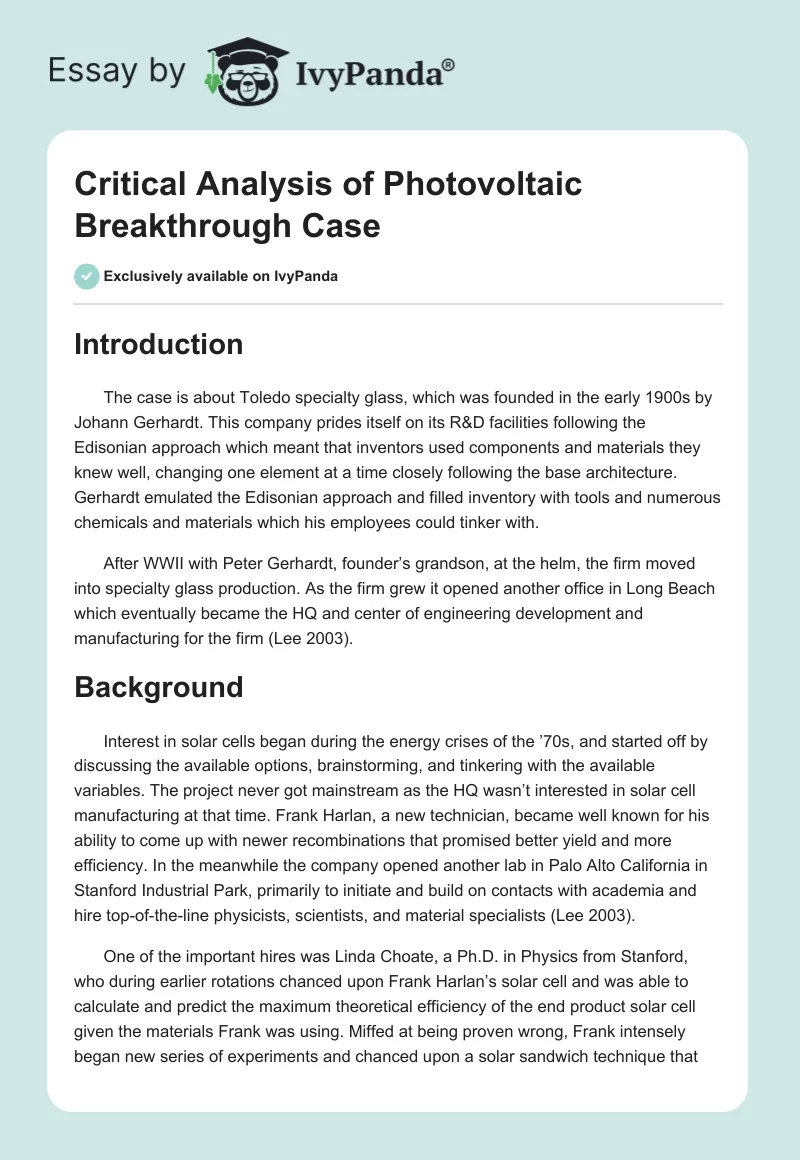Critical Analysis of Photovoltaic Breakthrough Case. Page 1