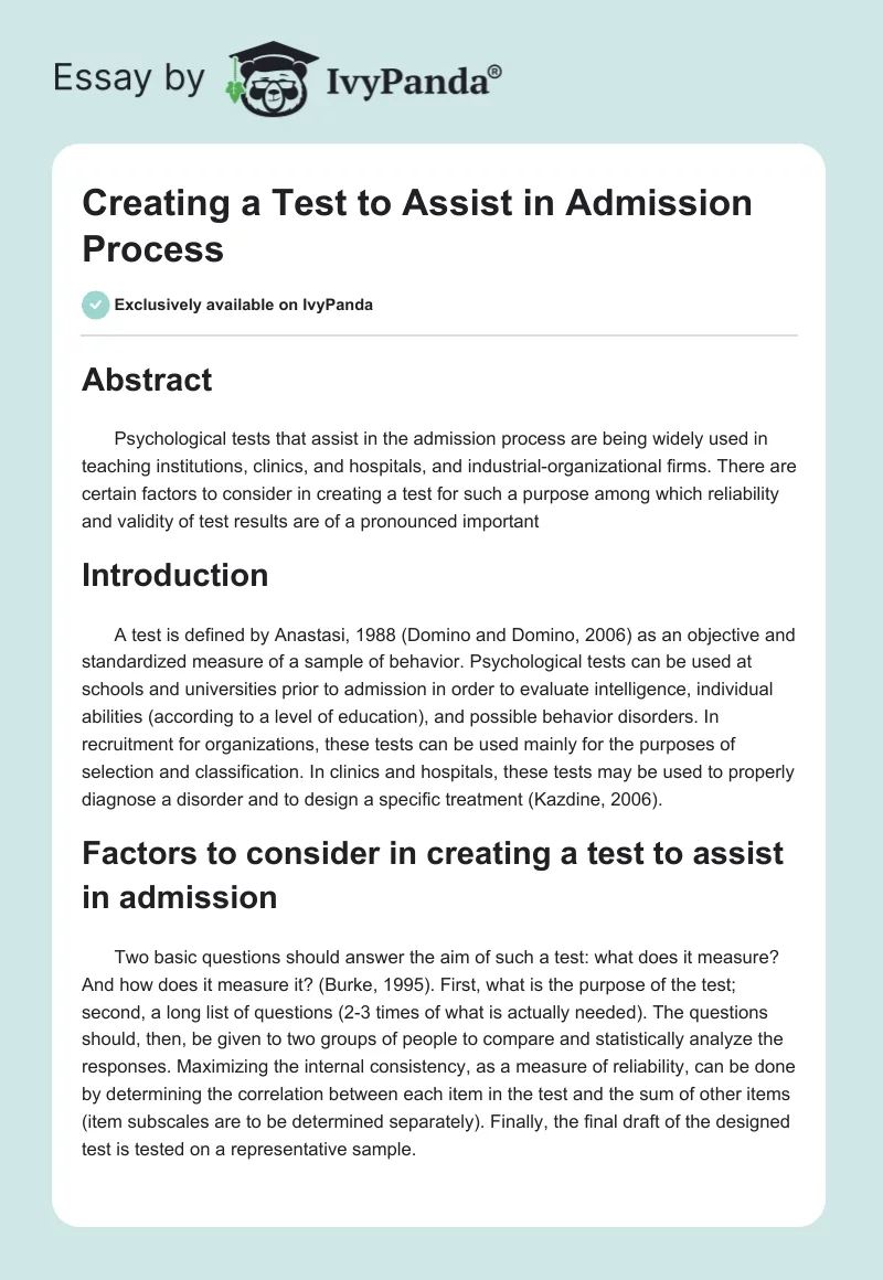 Creating a Test to Assist in Admission Process. Page 1
