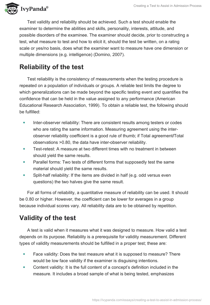 Creating a Test to Assist in Admission Process. Page 2