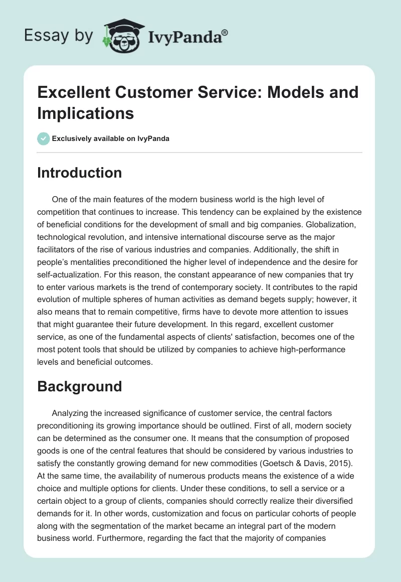 Excellent Customer Service: Models and Implications. Page 1
