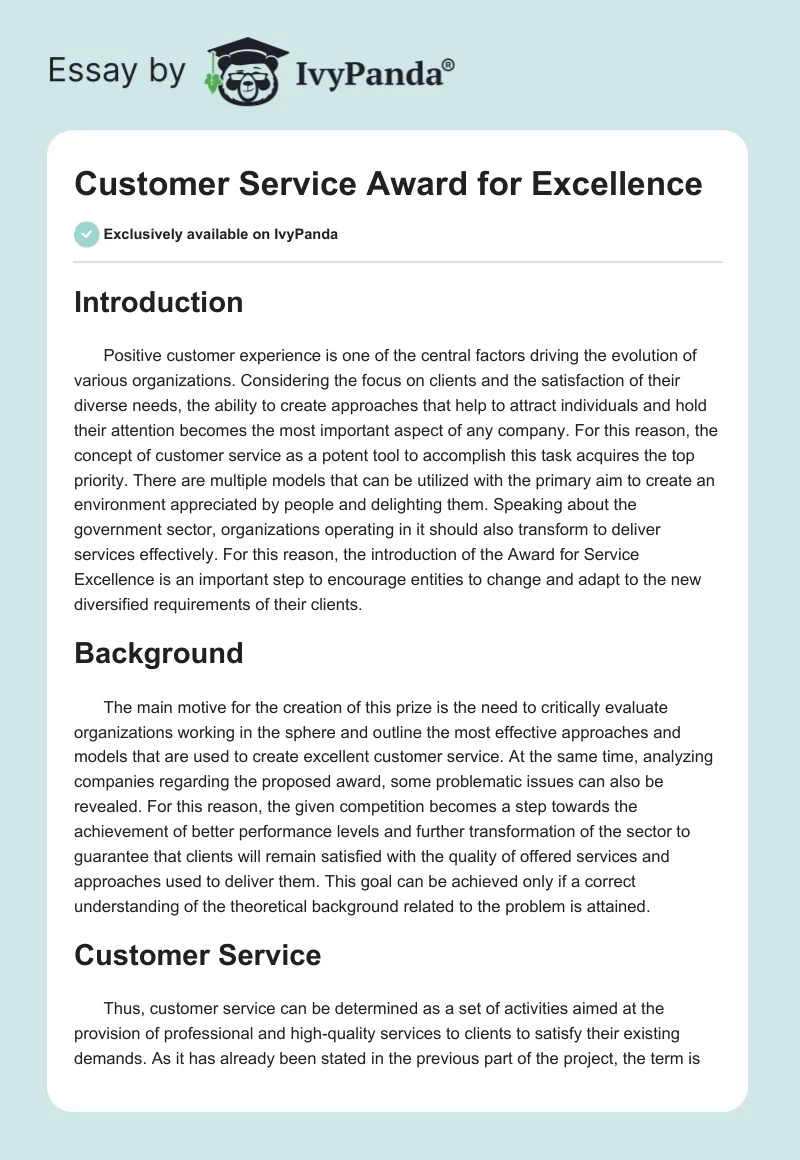 Customer Service Award for Excellence. Page 1