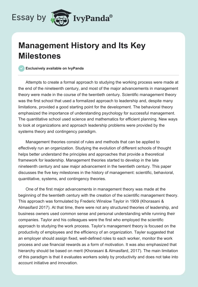 Management History and Its Key Milestones. Page 1