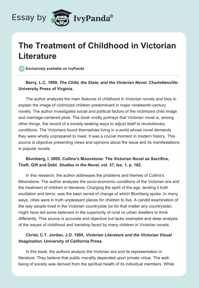 The Treatment of Childhood in Victorian Literature. Page 1