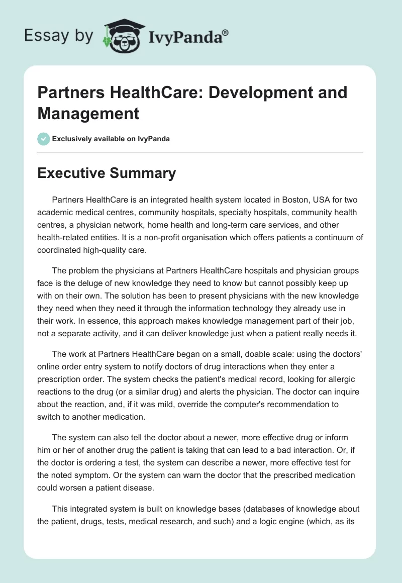 Partners HealthCare: Development and Management. Page 1