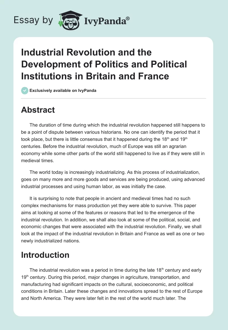 Industrial Revolution and the Development of Politics and Political Institutions in Britain and France. Page 1