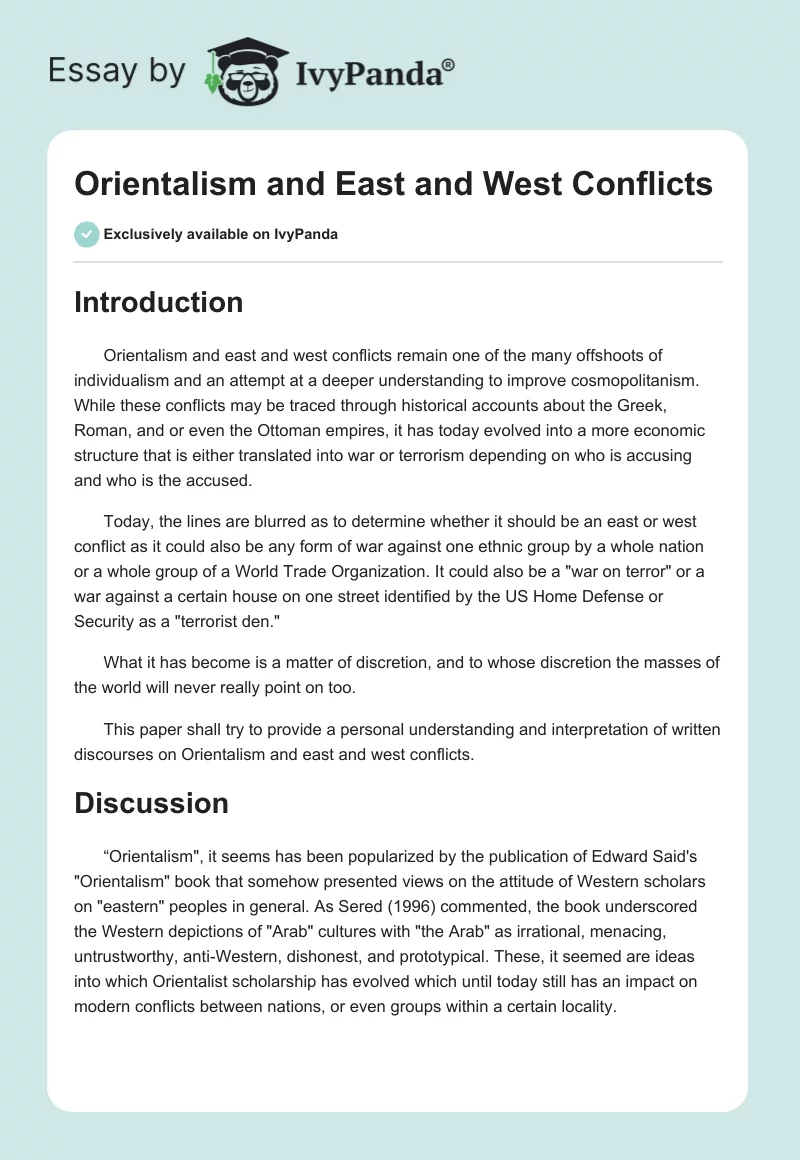 Orientalism and East and West Conflicts. Page 1