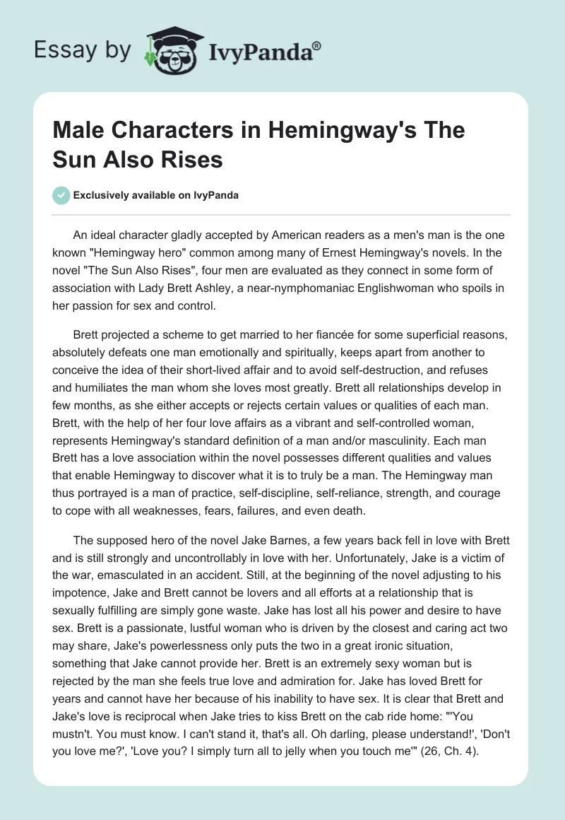 Male Characters in Hemingway's "The Sun Also Rises". Page 1