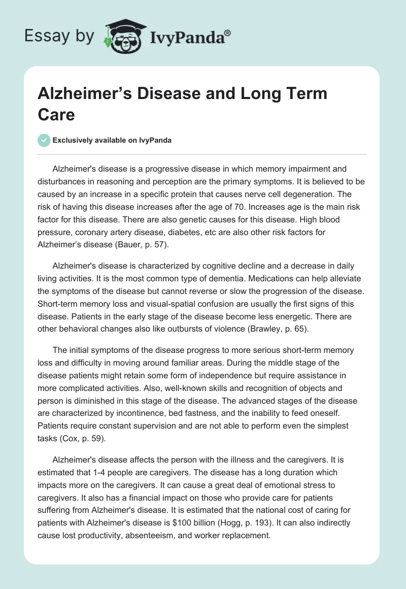 Alzheimer’s Disease and Long Term Care. Page 1