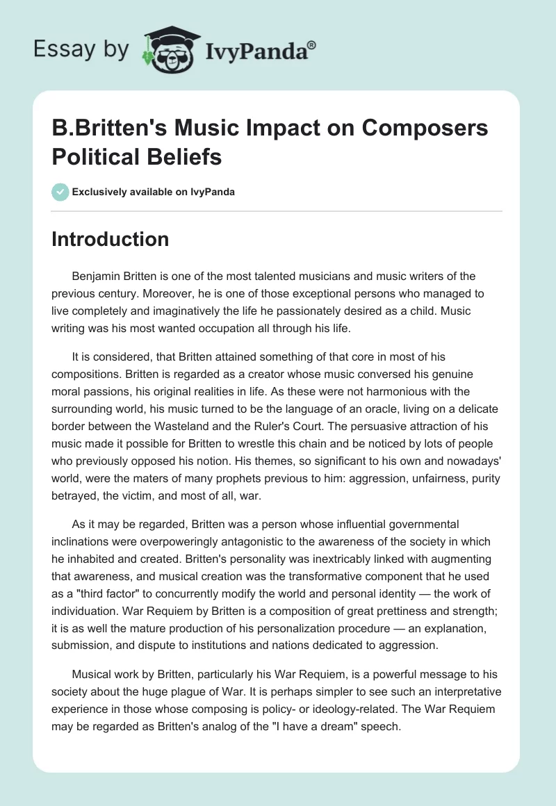 B.Britten's Music Impact on Composers Political Beliefs. Page 1