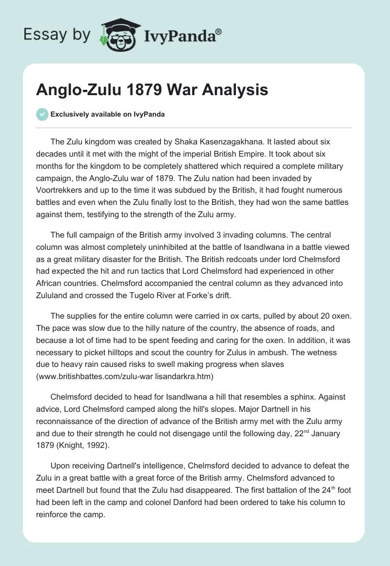 Anglo-Zulu 1879 War Analysis. Page 1