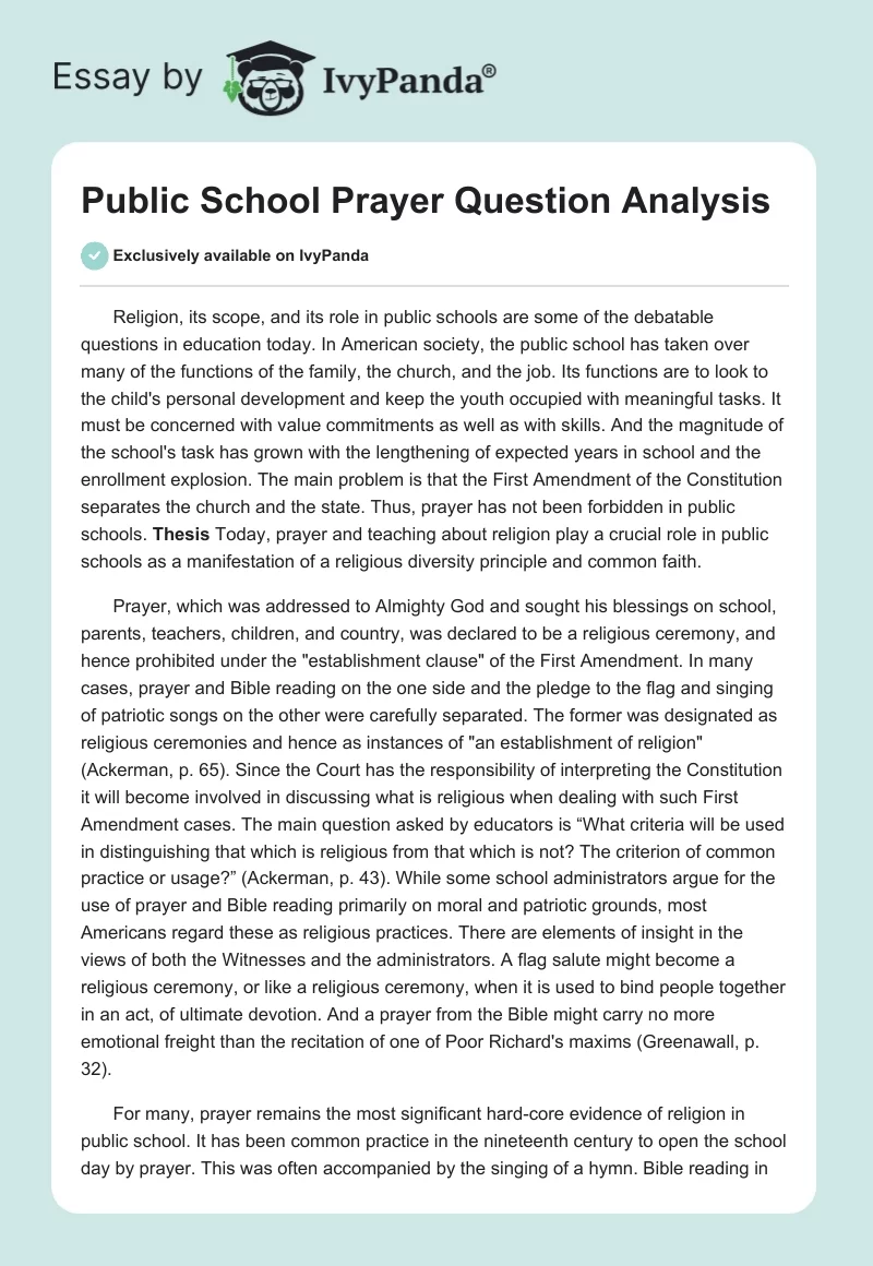 Public School Prayer Question Analysis. Page 1