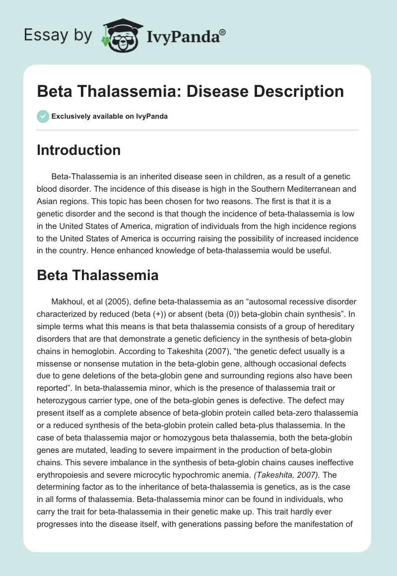 Beta Thalassemia: Disease Description. Page 1