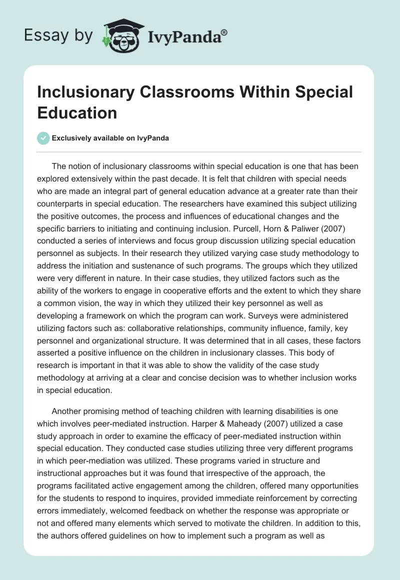 Inclusionary Classrooms Within Special Education. Page 1