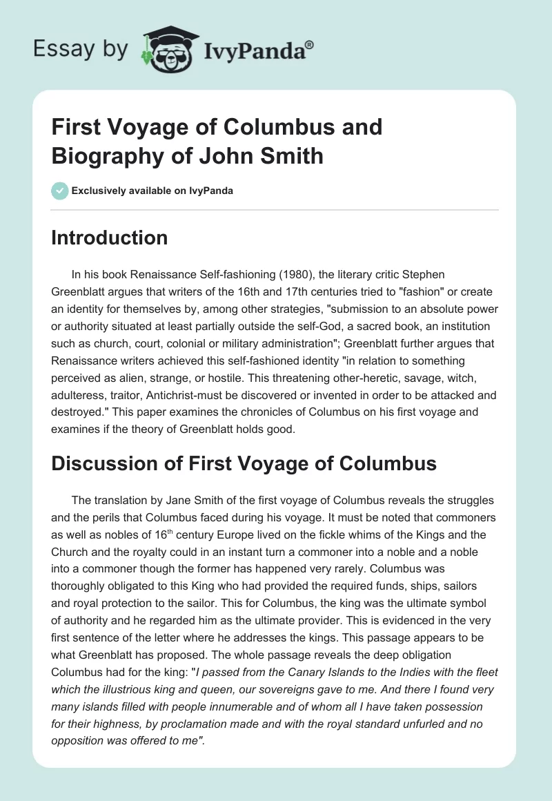 First Voyage of Columbus and Biography of John Smith. Page 1