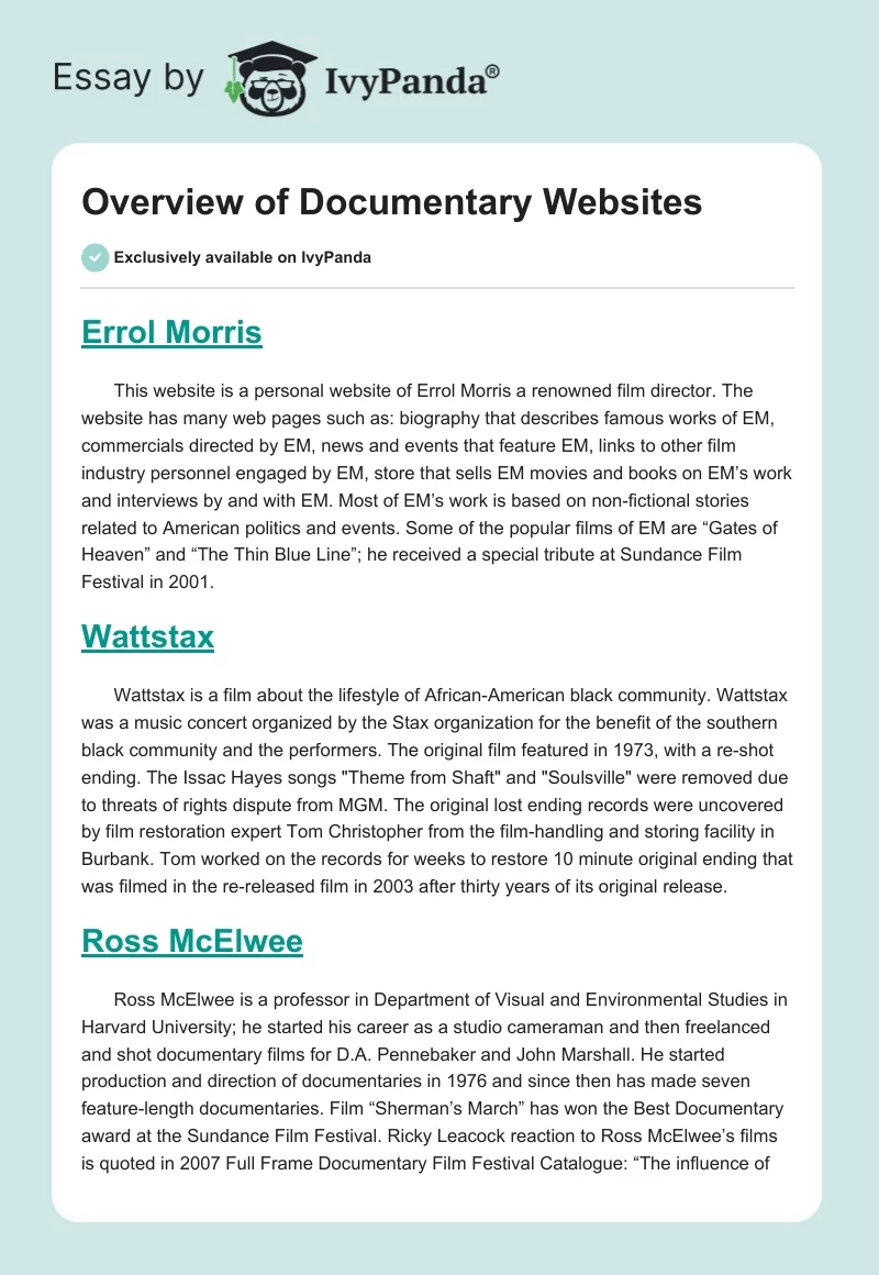 Overview of Documentary Websites. Page 1