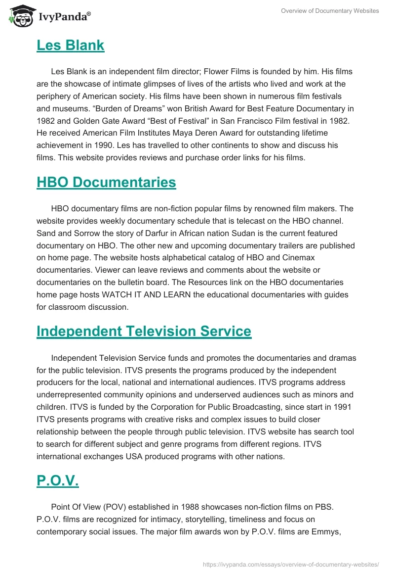 Overview of Documentary Websites. Page 3